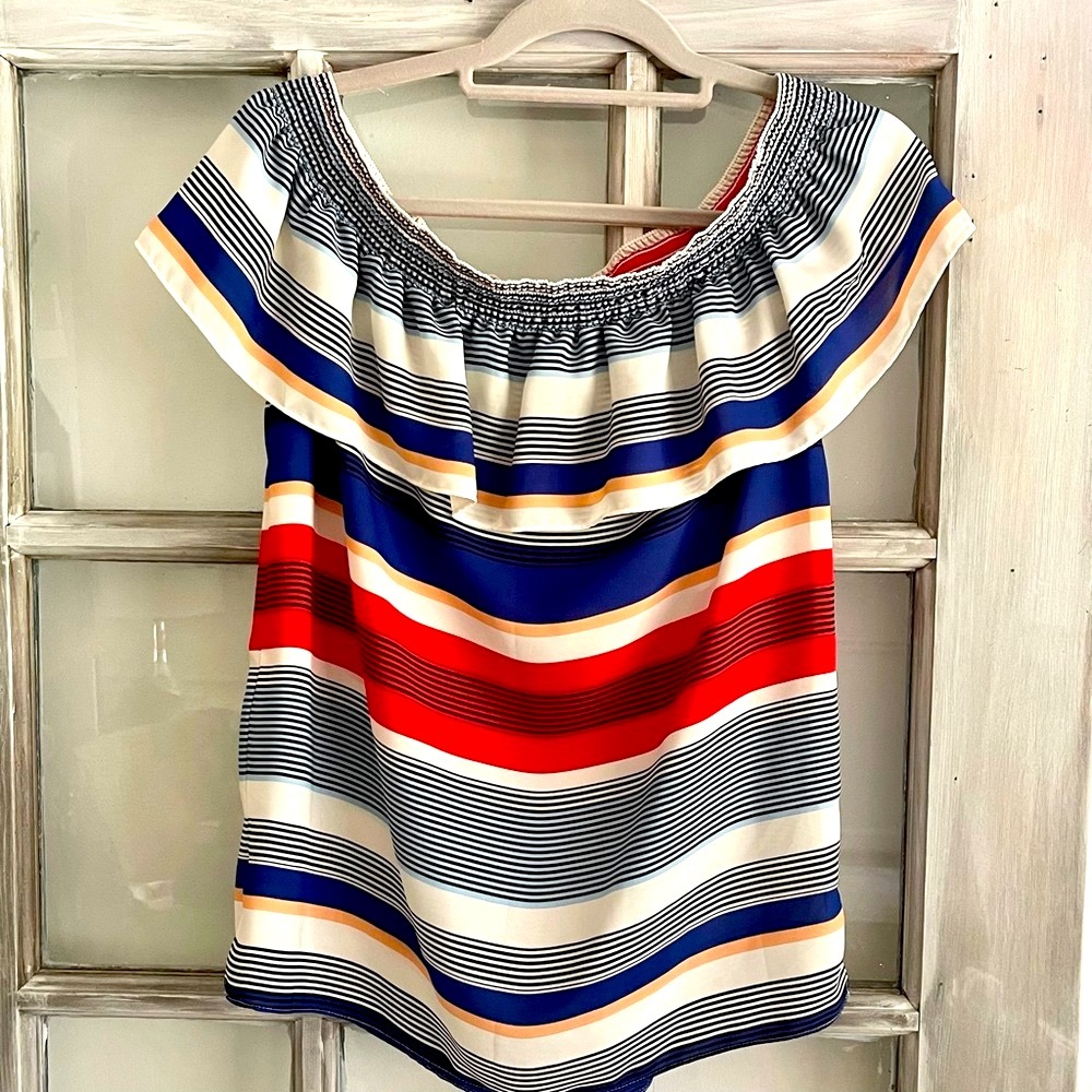 Laundry by Shelli Segal Multi Colored Striped Over The Shoulder Blouse